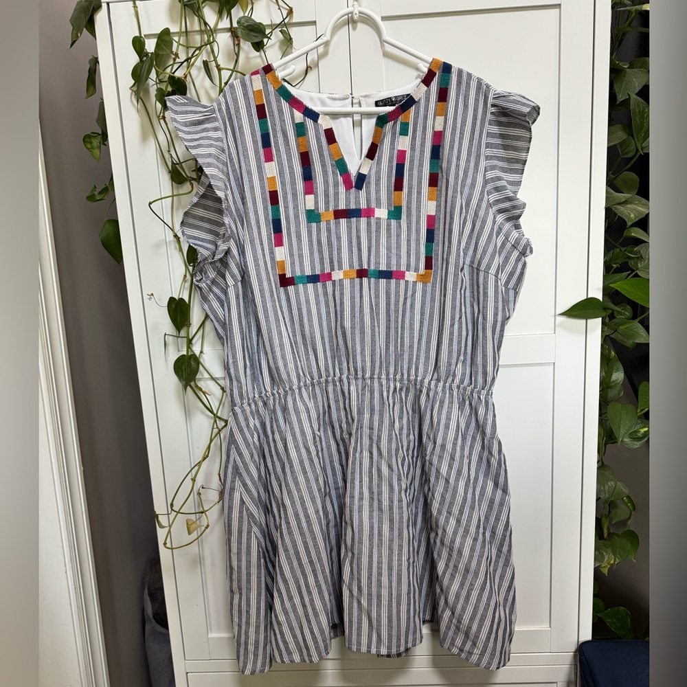 Glitzy Girlz Boutique Dress Striped Short Sleeve With Embroidery Boho Size 2XL